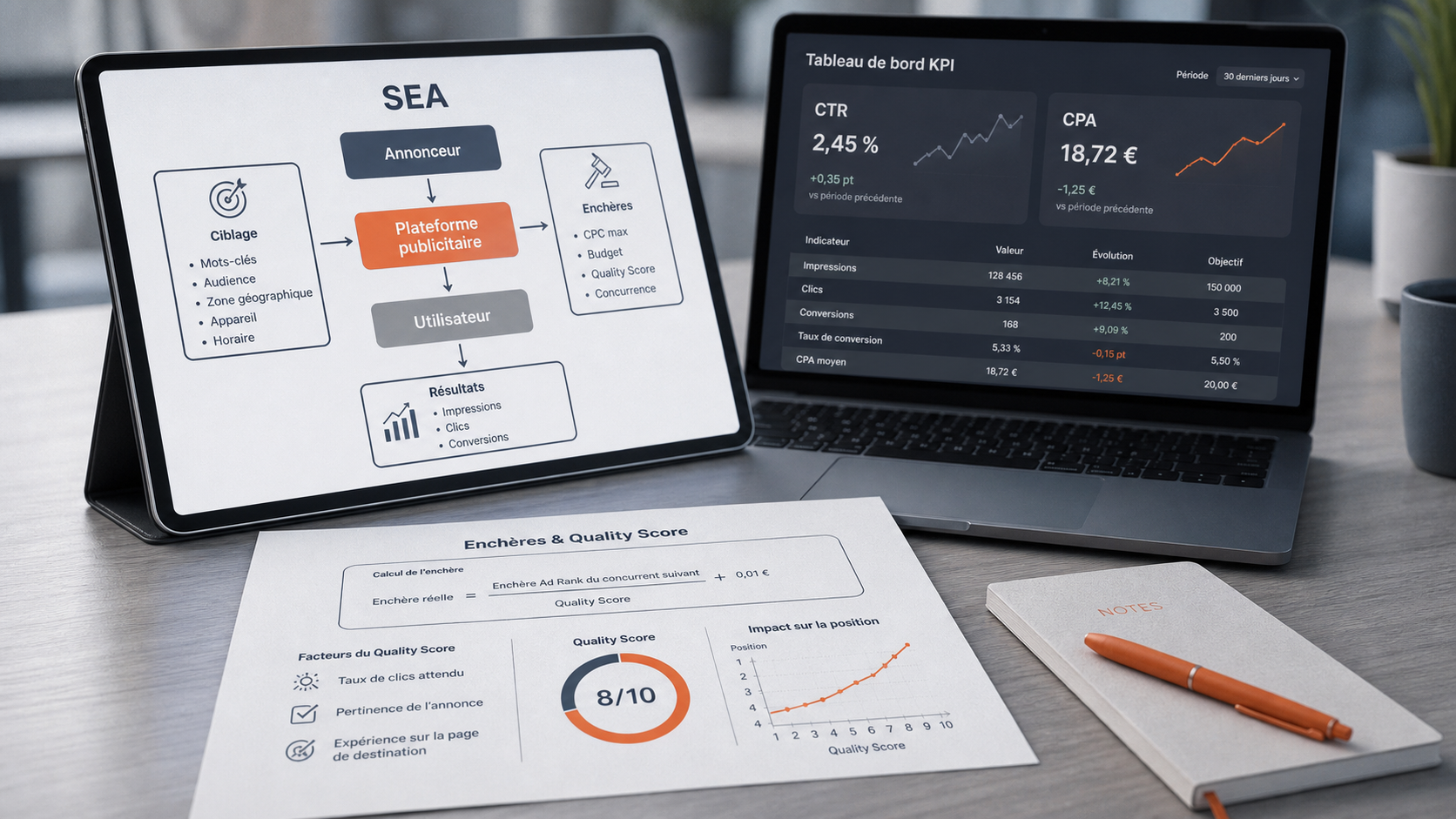 Formation SEA 4 piliers Google Ads, KPI CTR CPA, Quality Score