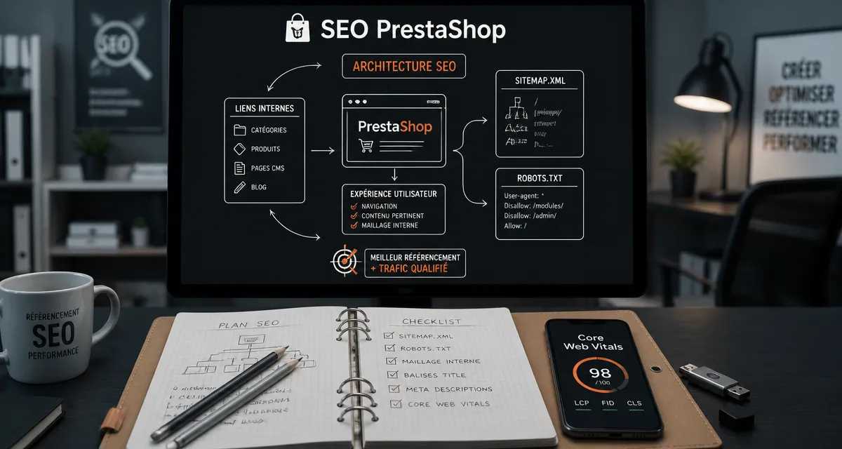 PrestaShop et référencement : schéma SEO technique PrestaShop (sitemap, robots)