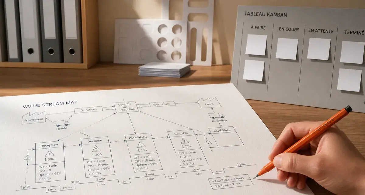 Processus lean : principes et gaspillages sur un schéma VSM et Kanban