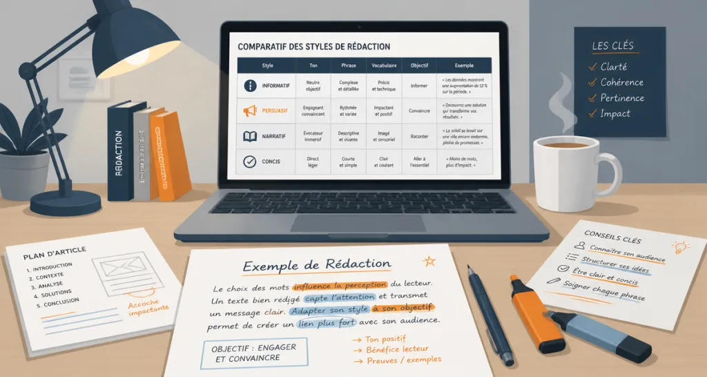 Redaction exemple sur bureau avec feuilles et ordinateur