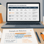 Redaction exemple sur bureau avec feuilles et ordinateur