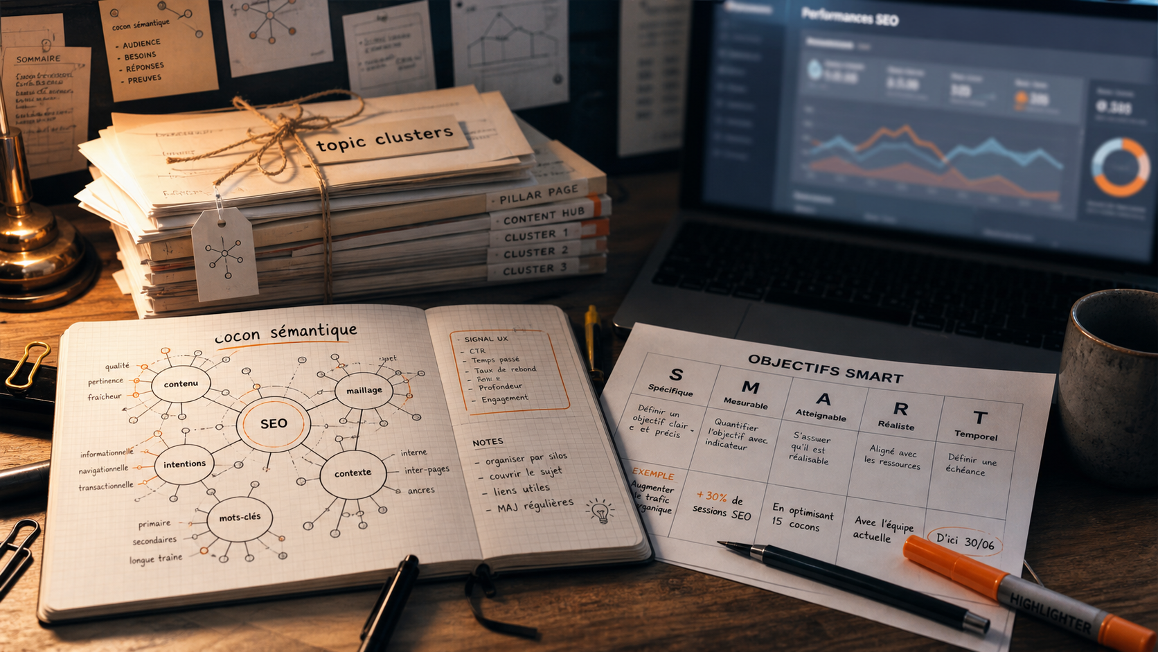 Stratégie de contenu SEO : cocon sémantique et SMART sur bureau