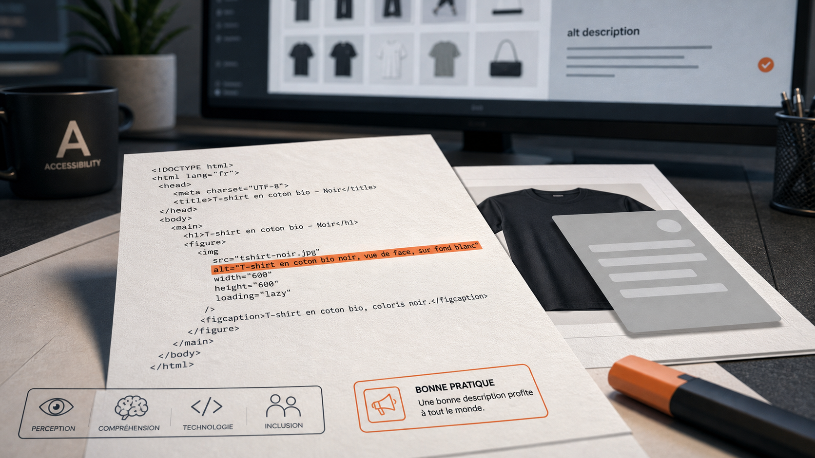 Alt description : feuille HTML avec alt surligné SEO