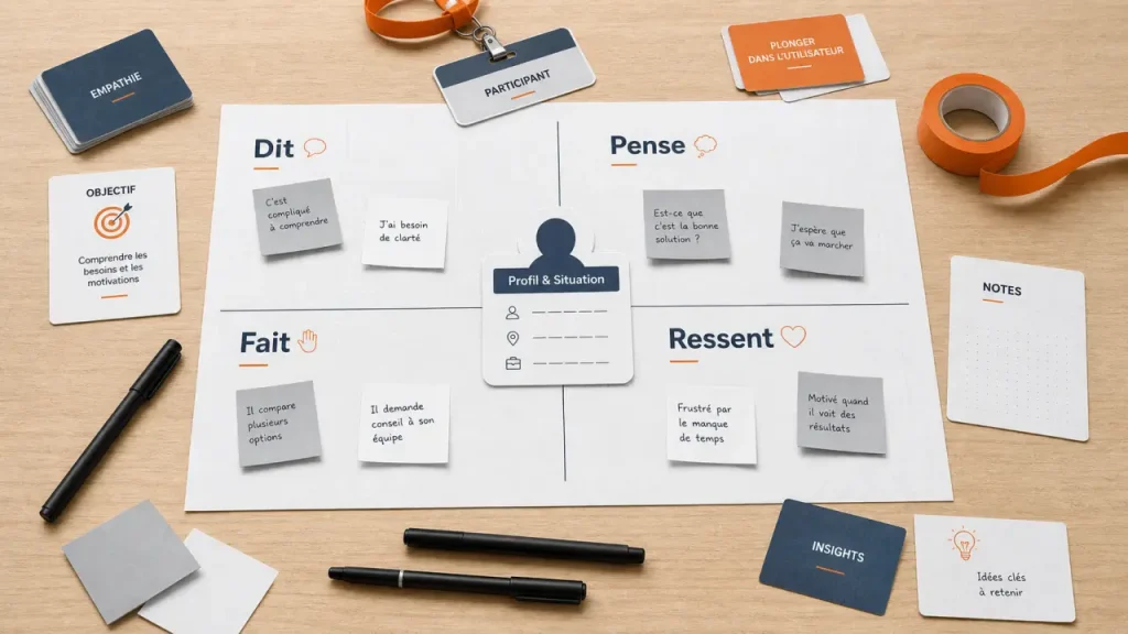 Carte d'empathie Design Thinking avec zones dit pense fait ressent