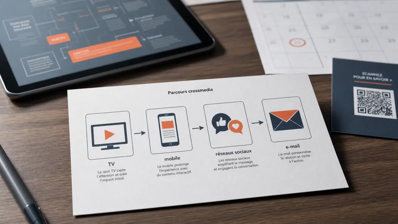 Schéma crossmedia TV, digital et print reliant parcours utilisateur