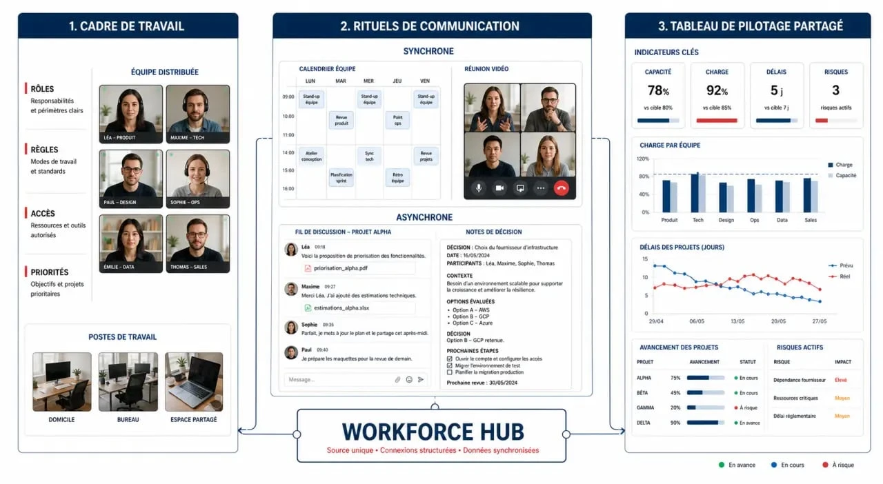 Comment gérer équipe remote workforce hub setup : illustration d’une équipe hybride autour d’un hub de pilotage centralisé