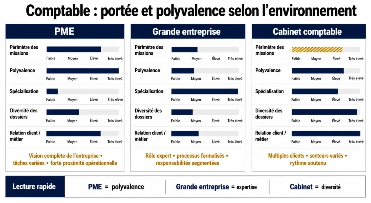Infographie comparative des environnements de travail pour la comptabilité : PME, grande entreprise et cabinet d'expertise-comptable
