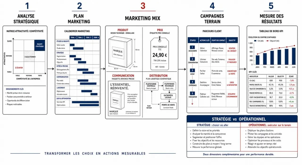 Schéma du marketing opérationnel avec comparaison au marketing stratégique et les 4 leviers du marketing opérationnel