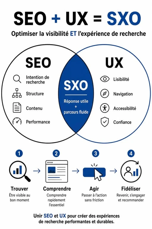 Schéma illustrant la convergence entre SEO et UX pour créer le SXO