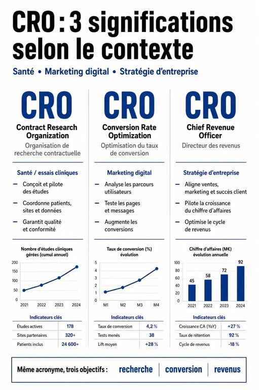 Infographie comparative des significations de l'acronyme CRO dans la santé, le marketing et l'entreprise