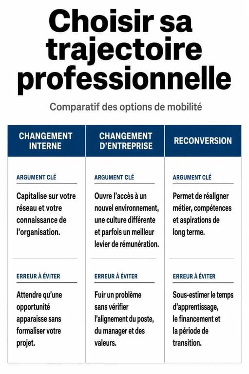 Infographie récapitulative pour lettre de motivation changement de travail : comparer changement interne, changement d'entreprise et reconversion.