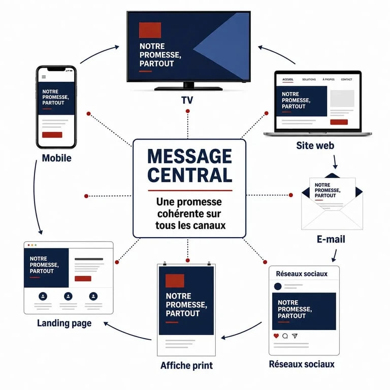 Schéma crossmedia d'un parcours utilisateur entre TV, smartphone, réseaux sociaux et e-mail