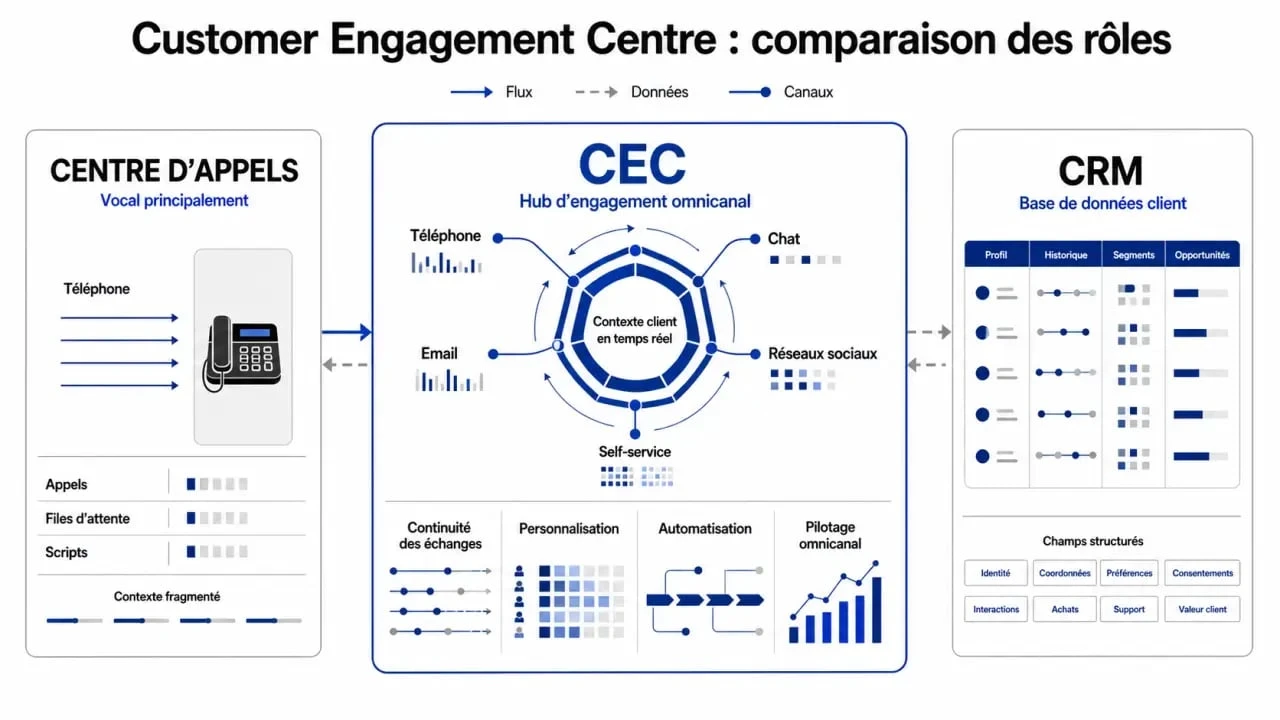 Customer engagement centre : comparaison visuelle entre CEC, centre d’appels et CRM