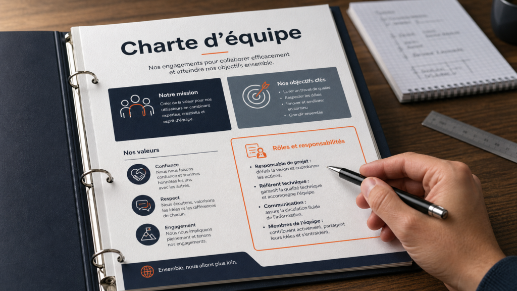 Exemple de charte d’équipe : document “charte d’équipe” sur table