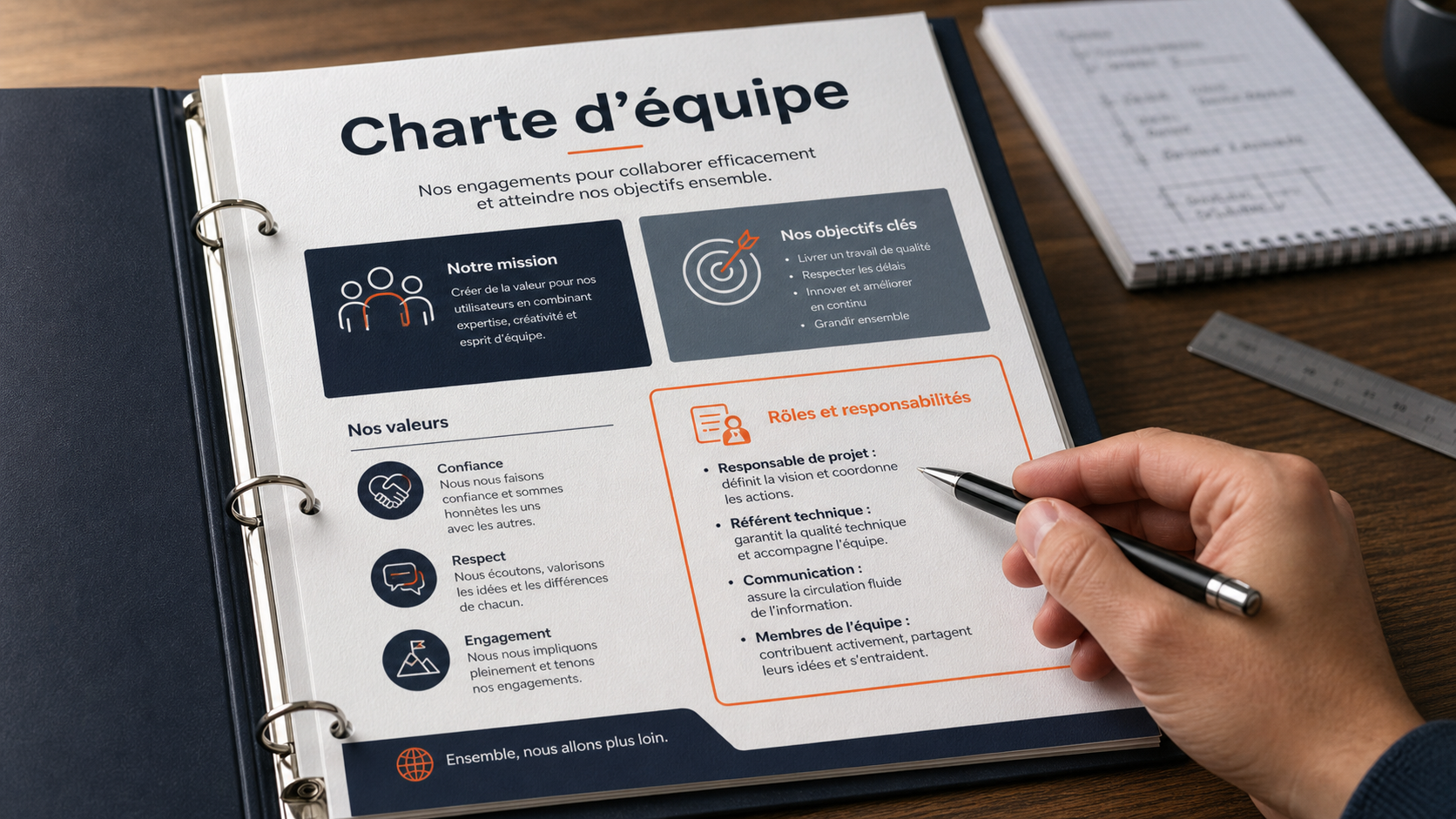 Exemple de charte d’équipe : document “charte d’équipe” sur table