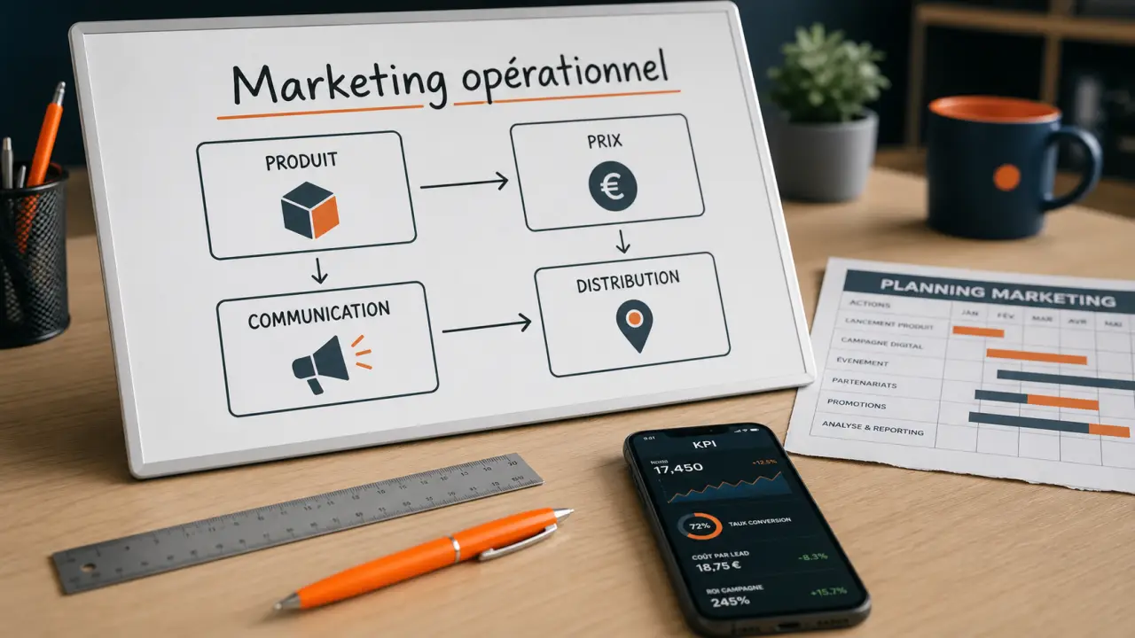 Marketing opérationnel : schéma 4 leviers produit prix communication distribution
