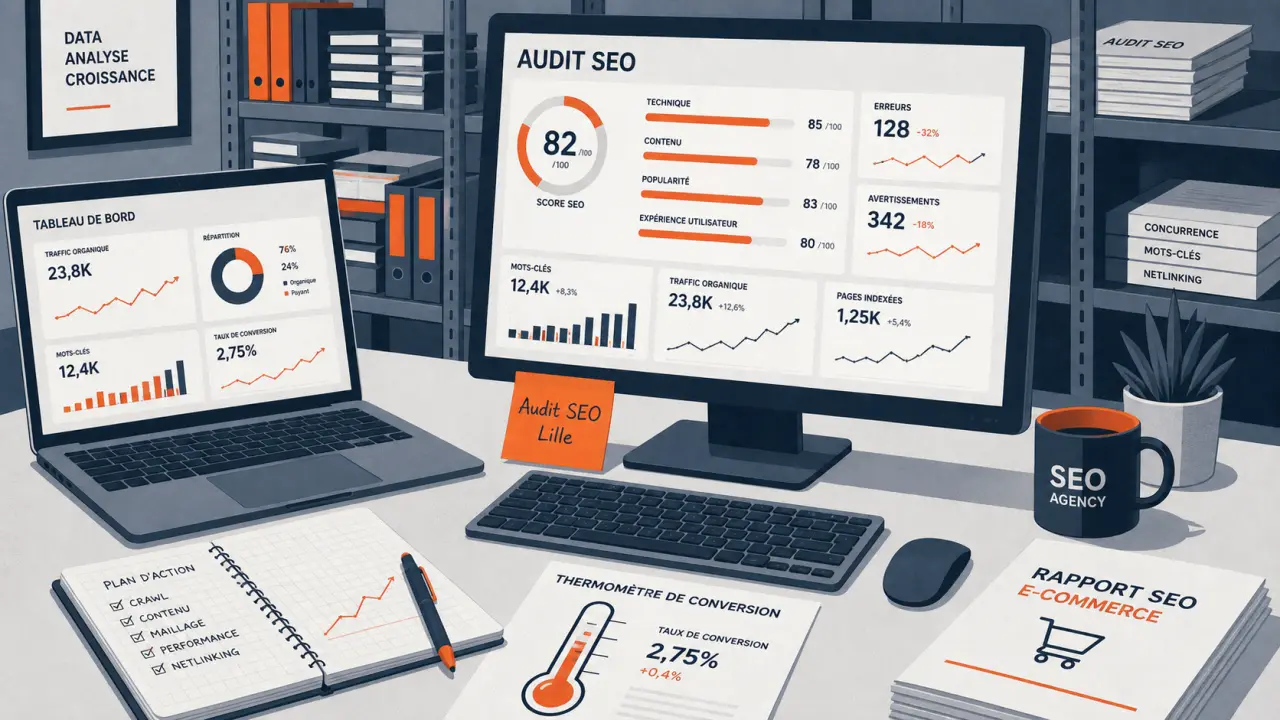 Agence seo e commerce lille : audit seo sur écran en bureau
