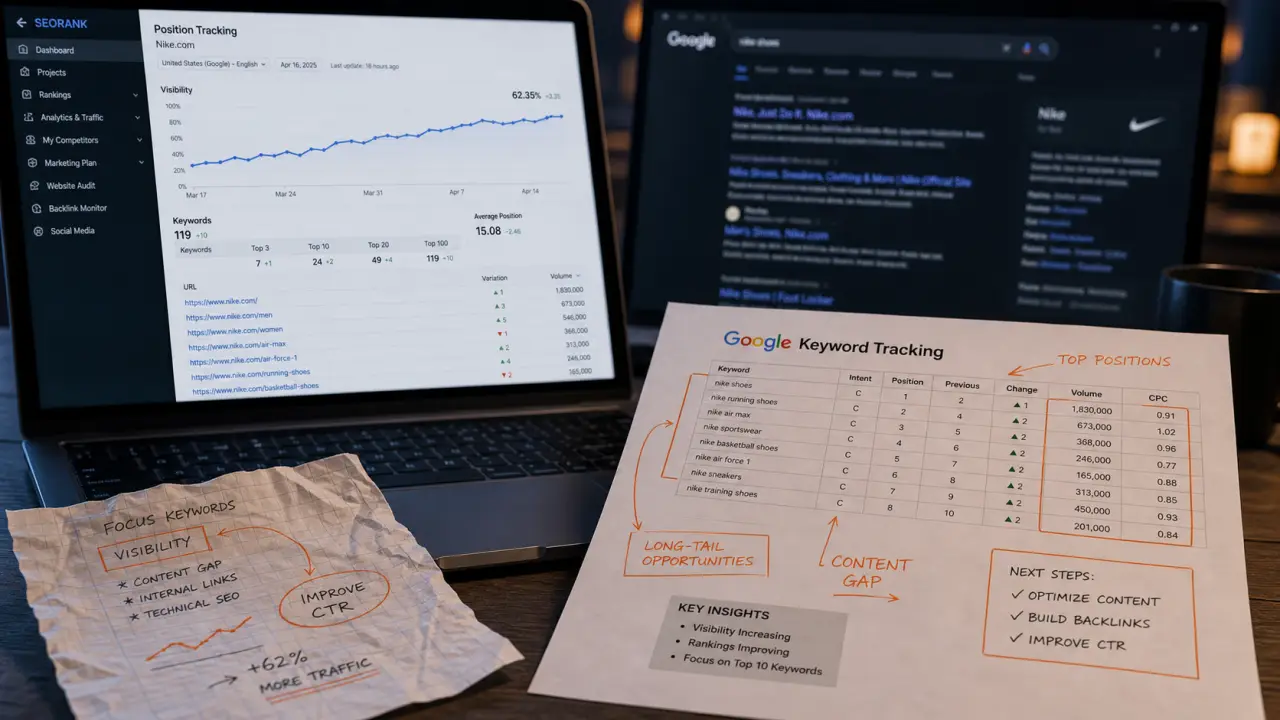 Classement Google mot clé : suivi position, volume, trafic