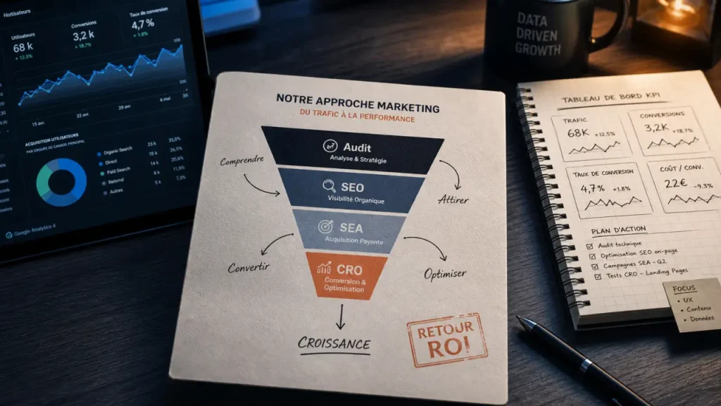 Consultant marketing digital : audit SEO SEA CRO, tunnel ROI