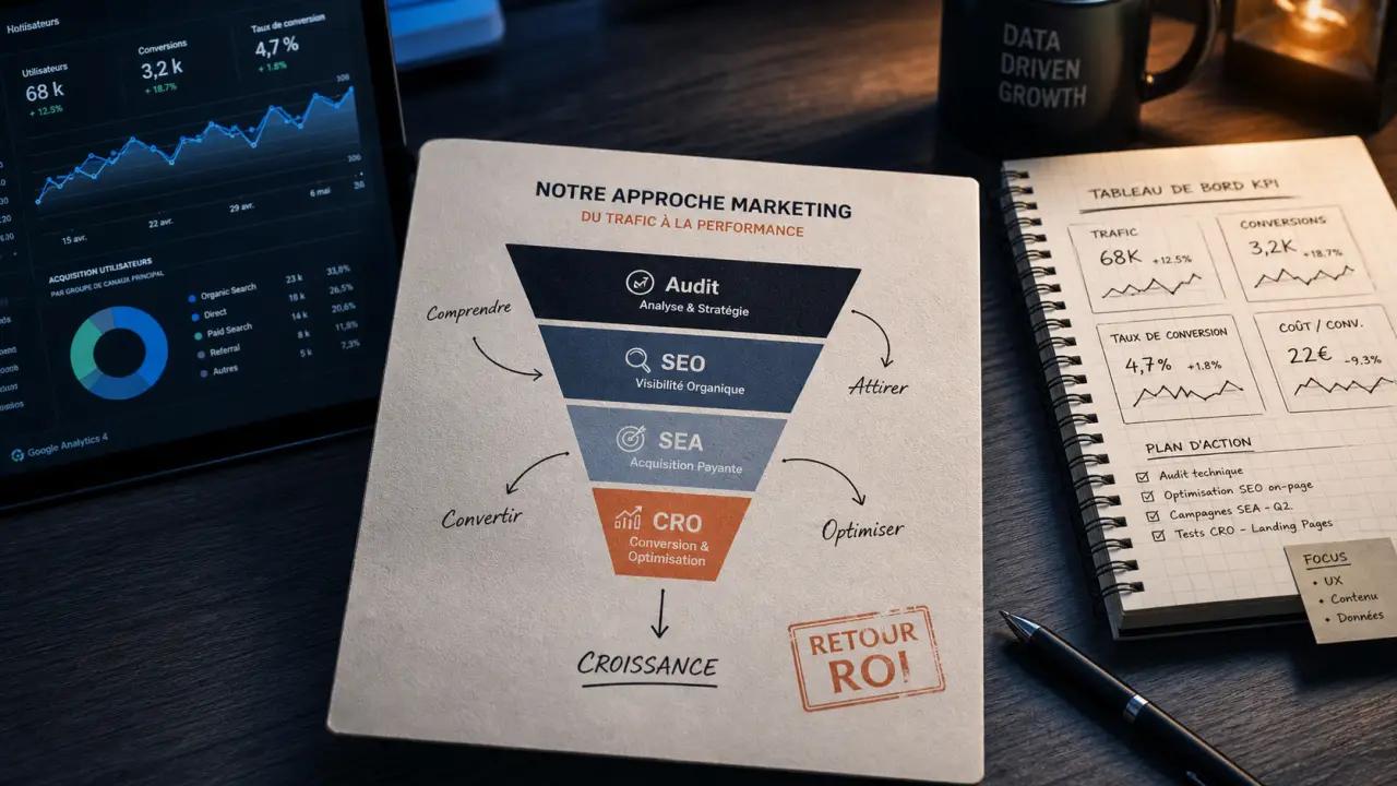 Consultant marketing digital : audit SEO SEA CRO, tunnel ROI