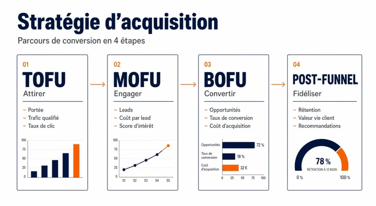 Schéma de stratégie acquisition growthpath funnel conversion avec étapes TOFU, MOFU, BOFU et post-funnel