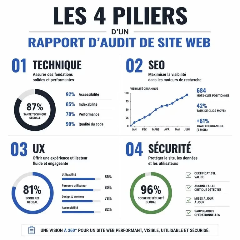 Les quatre piliers d'un rapport d'audit de site web : technique, SEO, UX et sécurité
