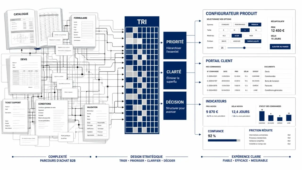 Design stratégique B2B : parcours complexe transformé en expérience claire avec indicateurs de performance
