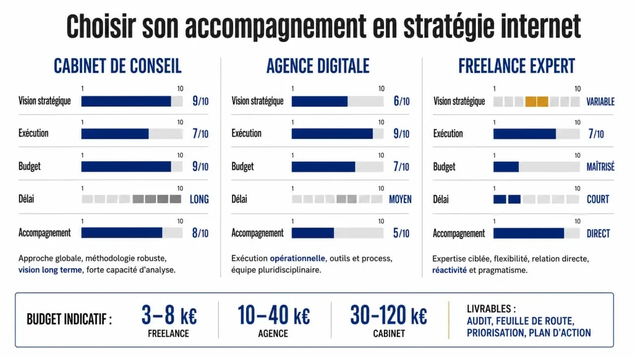 Conseil stratégie internet : comparaison cabinet, agence digitale et freelance