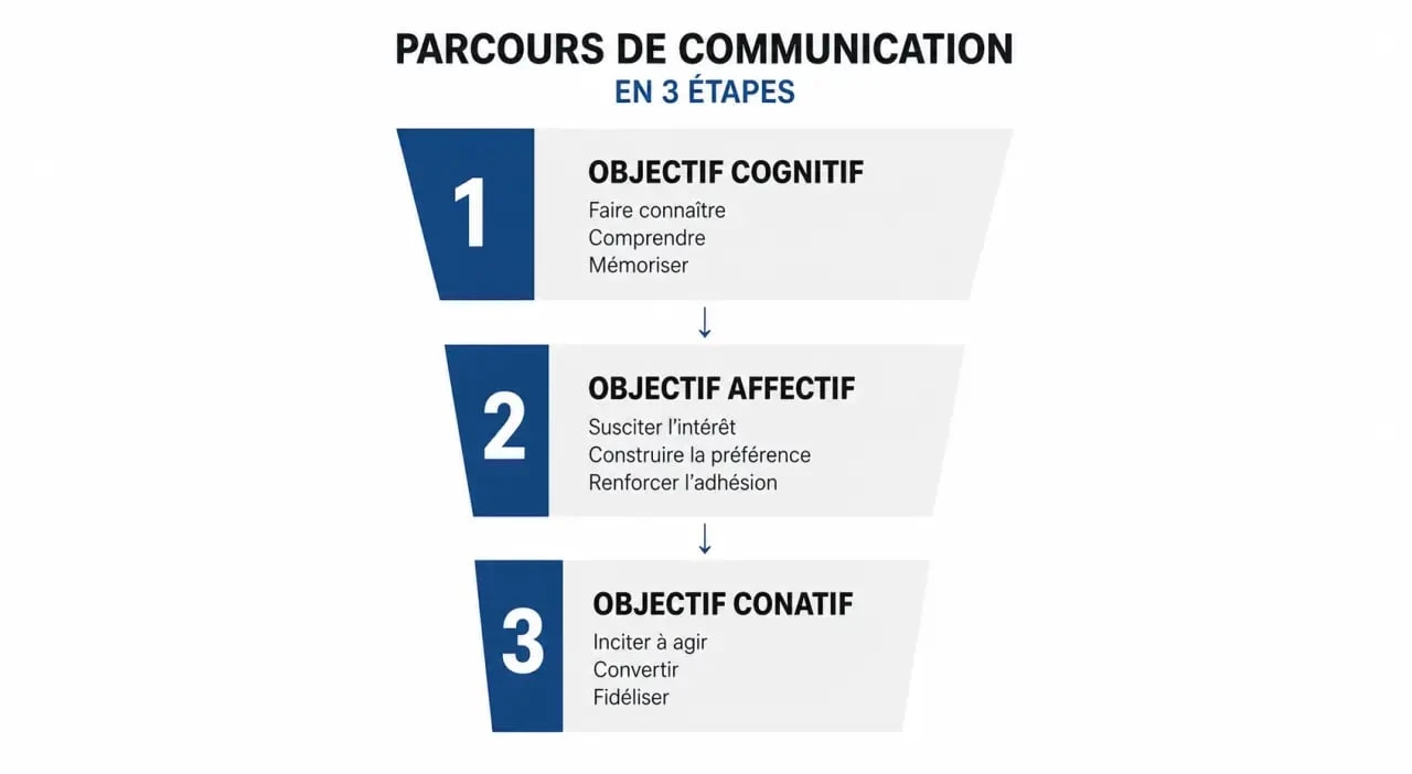 Schéma de l’objectif de communication avec les dimensions cognitif, affectif et conatif