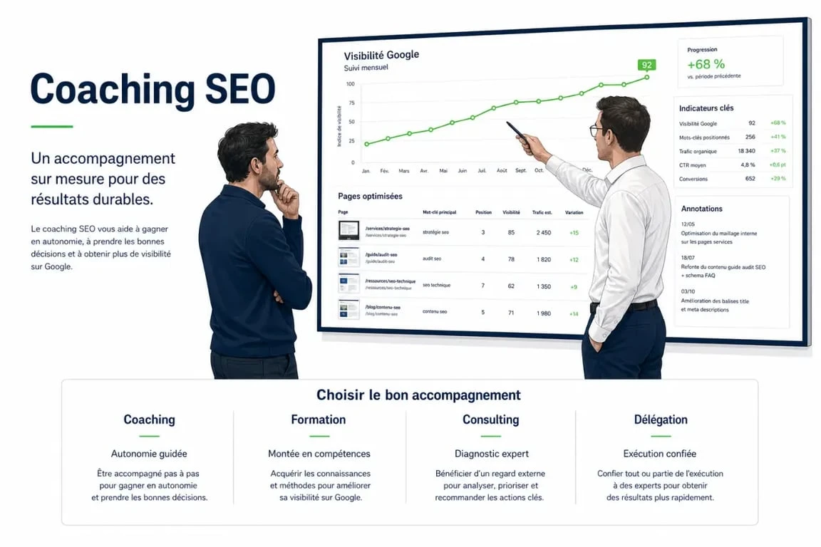 Coaching SEO : comparaison visuelle entre coaching, formation, consulting et délégation