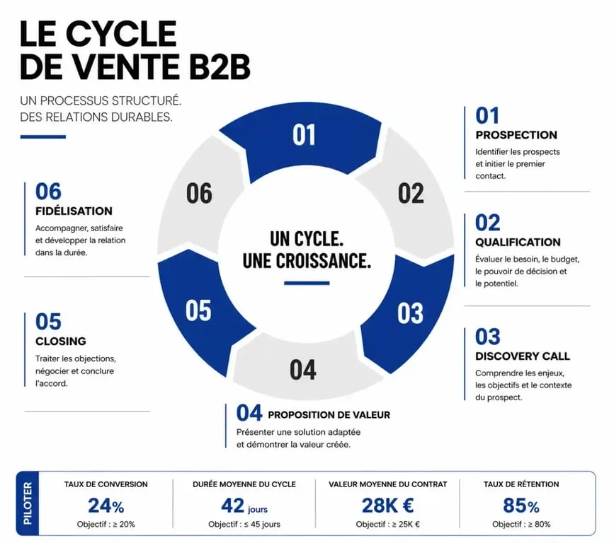 Infographie des étapes du cycle de vente B2B pour une stratégie commerciale efficace