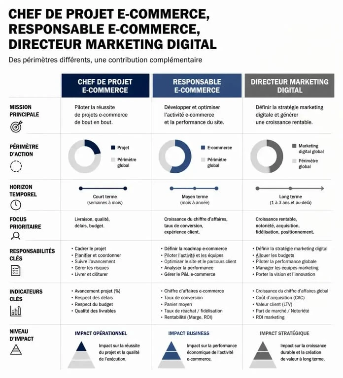 Infographie comparative des métiers du digital : responsable e-commerce, chef de projet et directeur marketing
