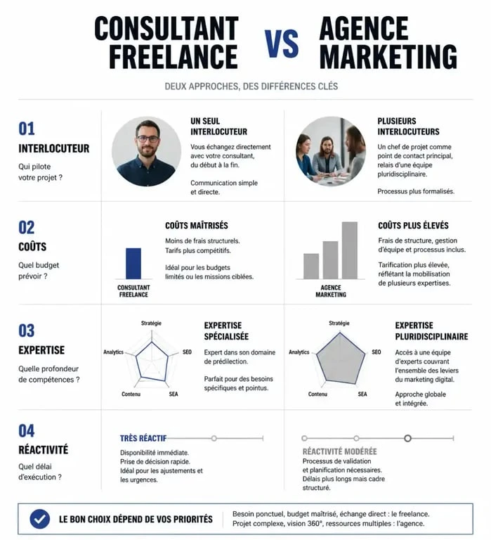 Infographie comparative : consultant marketing digital freelance vs agence marketing pour choisir son prestataire