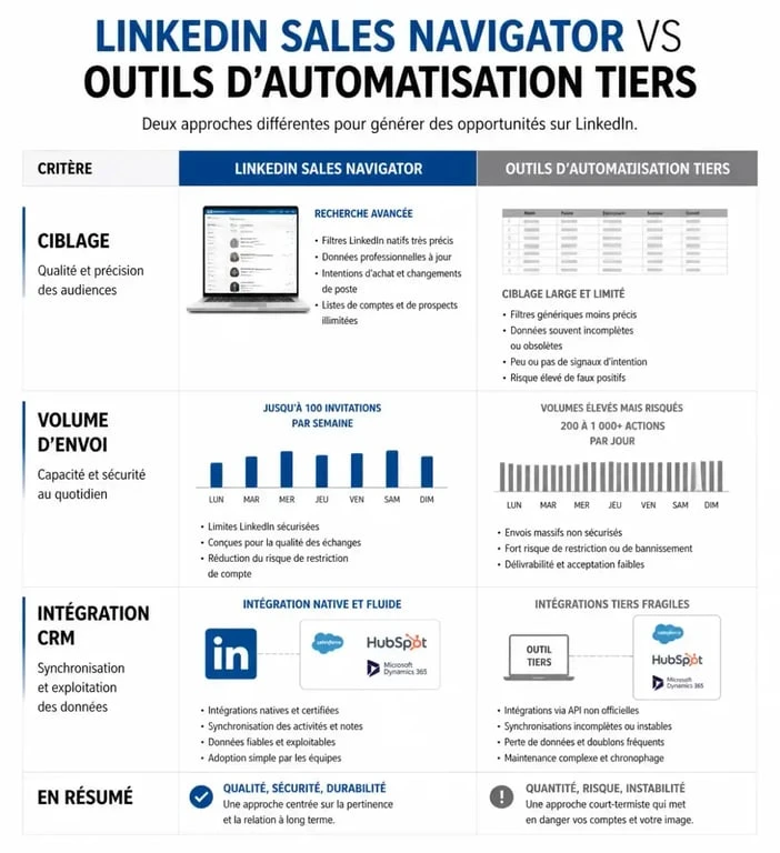 Comparatif visuel entre LinkedIn Sales Navigator et les outils d'automatisation pour la prospection