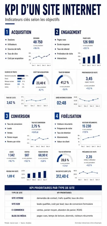 KPI site internet : infographie des indicateurs d’acquisition, d’engagement et de conversion selon le type de site