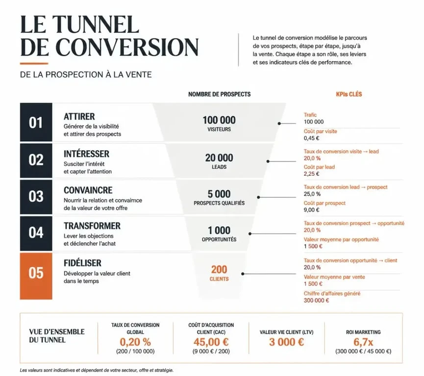 Schéma du tunnel de conversion et indicateurs de performance en outbound marketing