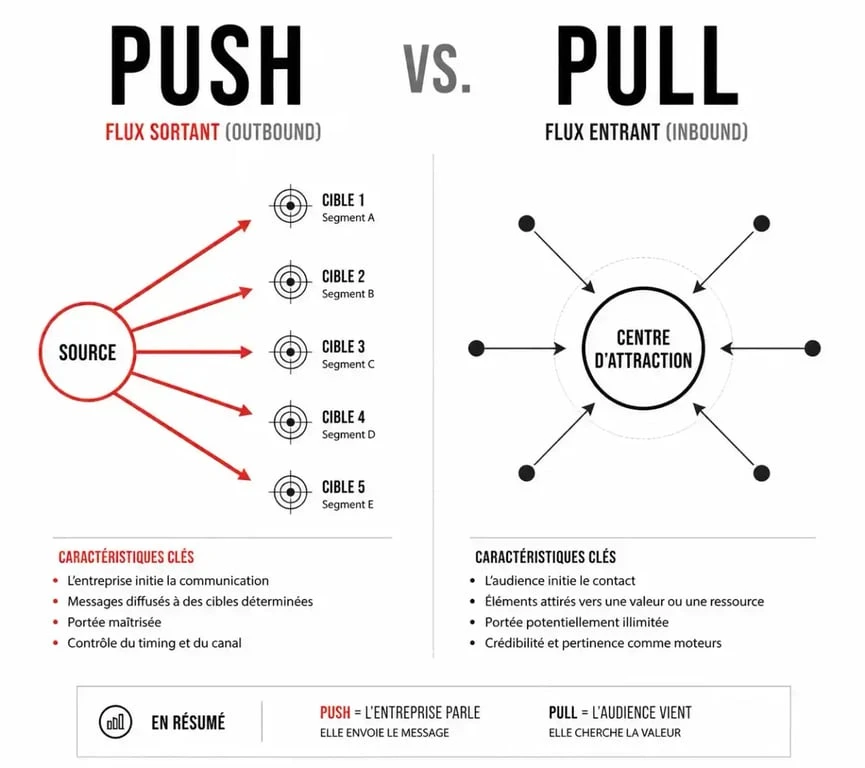 Comparaison visuelle entre l'outbound marketing et l'inbound marketing