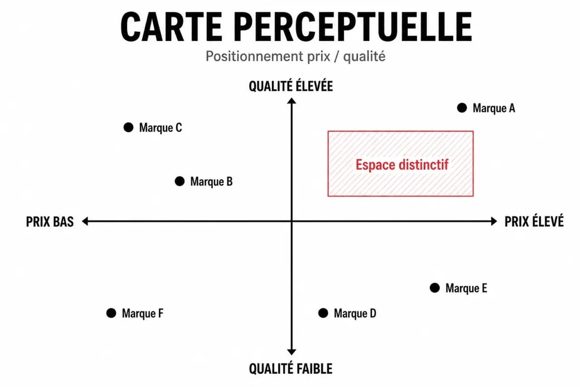 Marketing le positionnement : carte perceptuelle des marques sur les axes prix et qualité