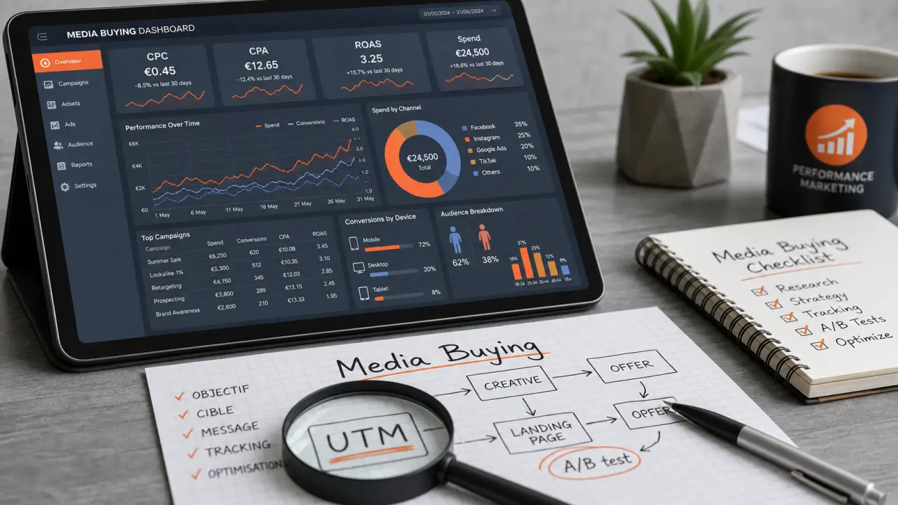 Media buying : media buyer, tableau CPC/CPA/ROAS et UTM/A-B test
