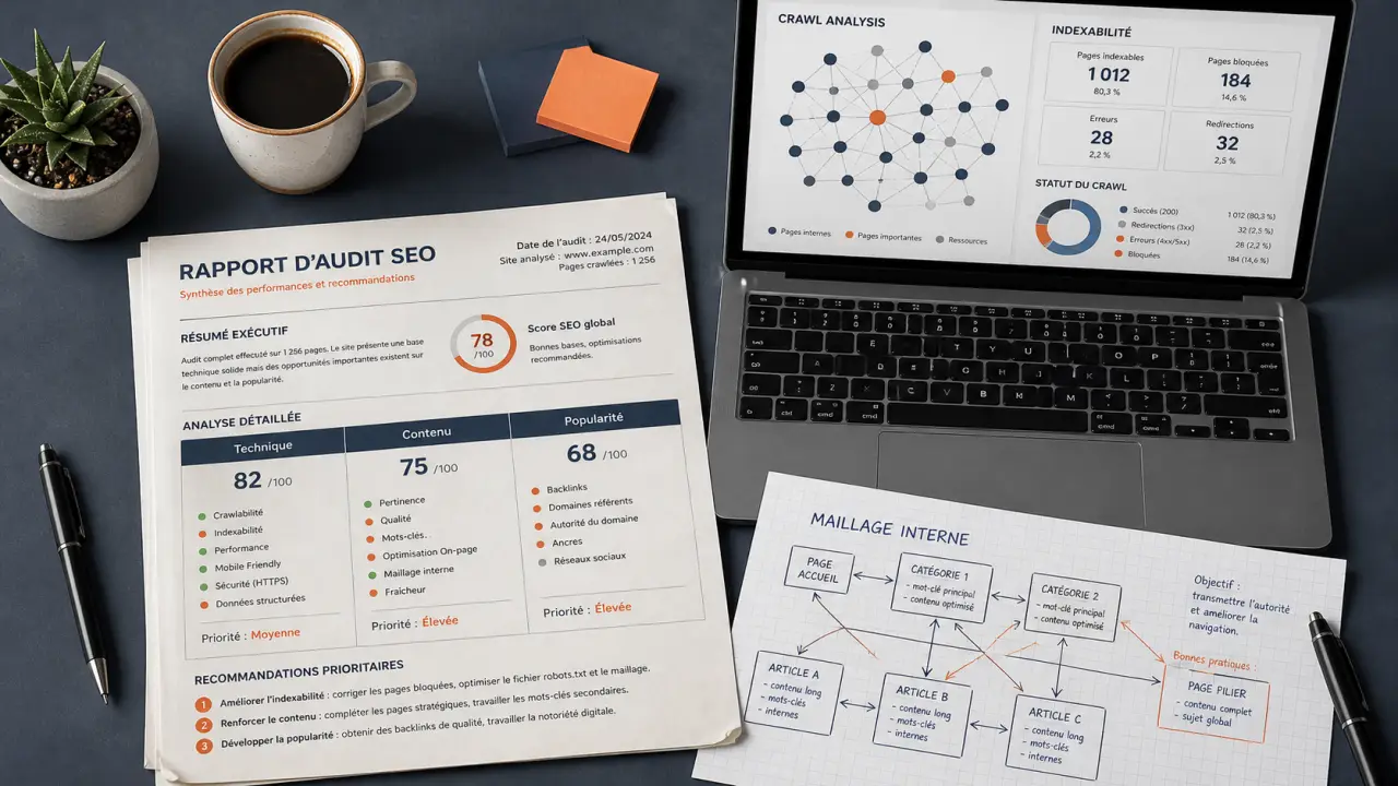 Modèle audit SEO avec scores et priorisation par impact