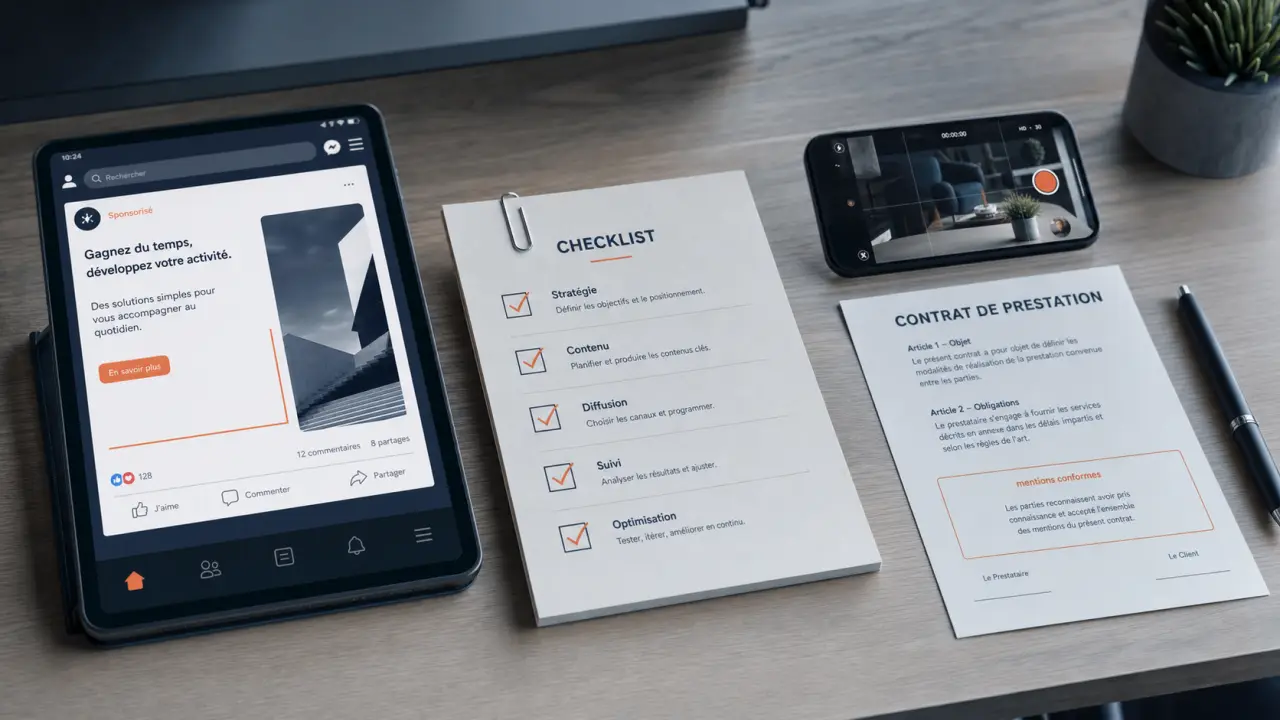 Partenariat influenceur : contrat et KPI sur bureau