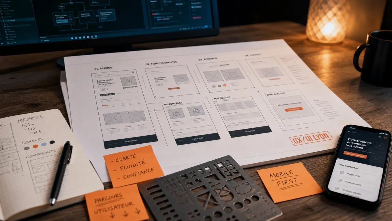 ux et ui design lyon sur table de travail : wireframes et maquette mobile