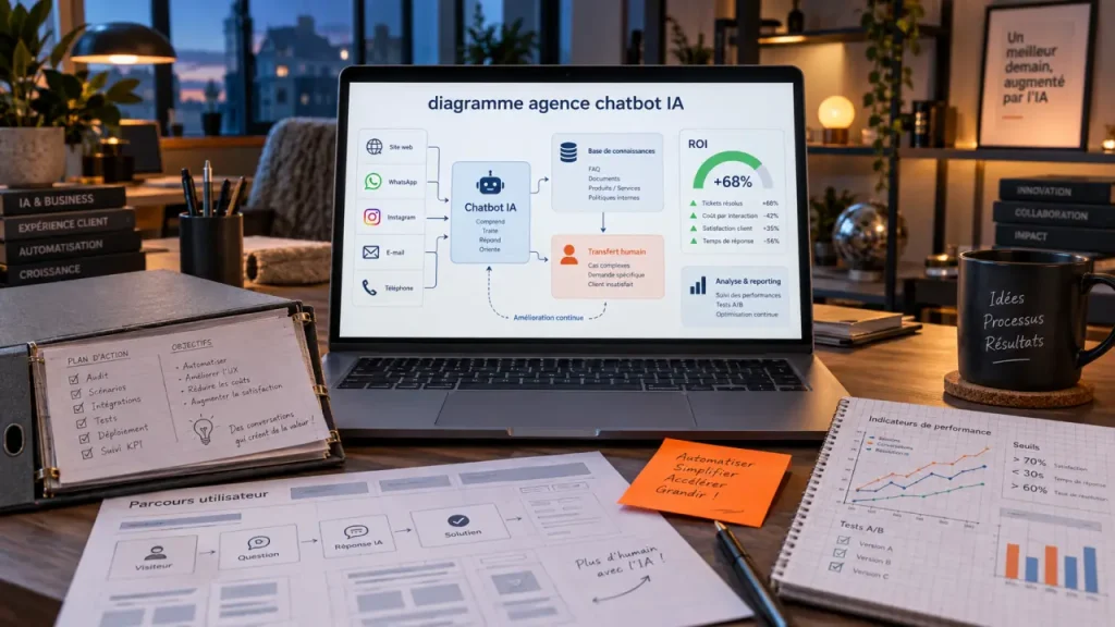Agence de chatbot IA sur-mesure : schéma ROI et intégration pour éviter les erreurs coûteuses