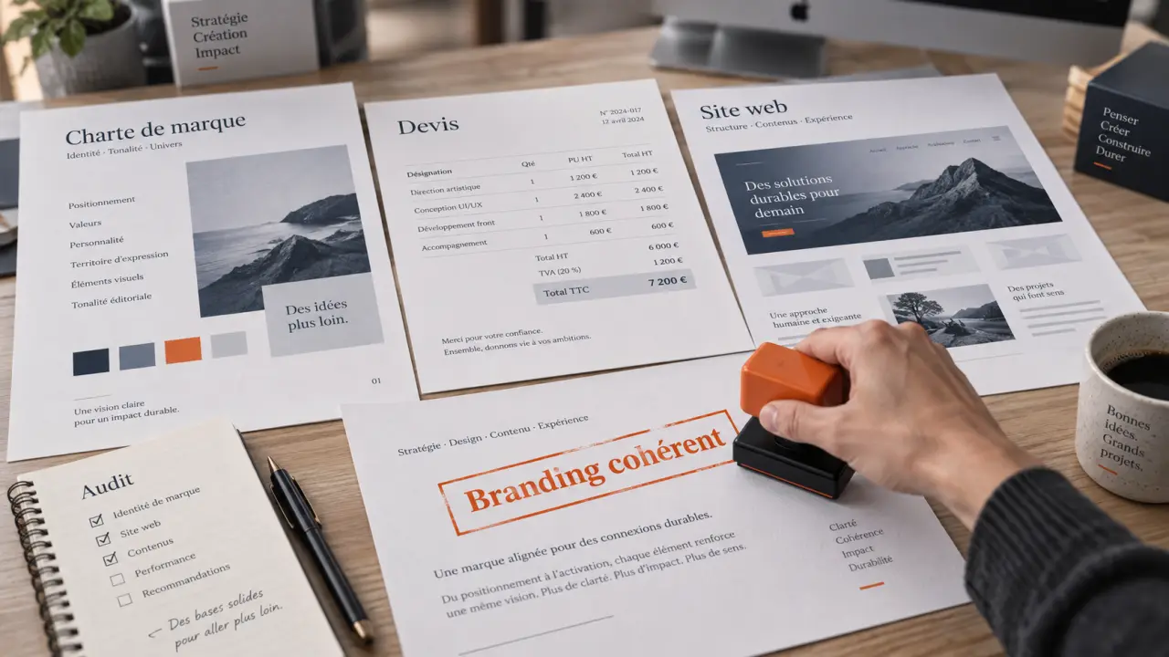 branding def : cohérence de marque, charte et documents sur table