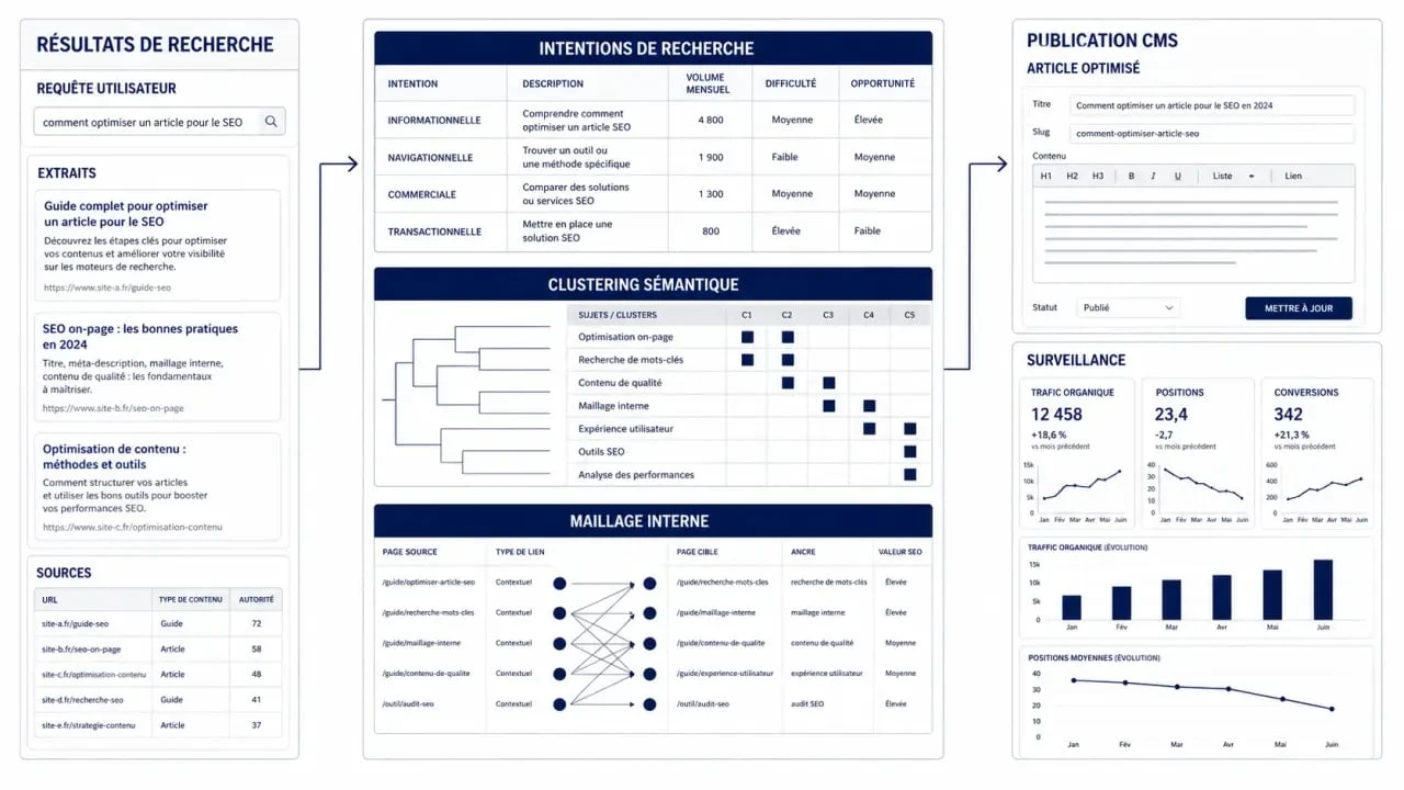 Agent SEO illustré par un workflow de la SERP à la publication et au monitoring