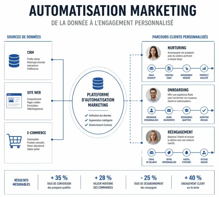 Schéma illustrant le fonctionnement d'une agence marketing automation et ses flux de données