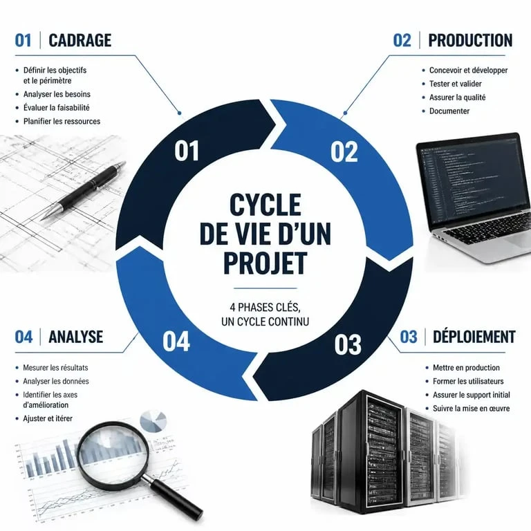 Schéma du cycle de vie d'un projet pour un chef de projet marketing digital