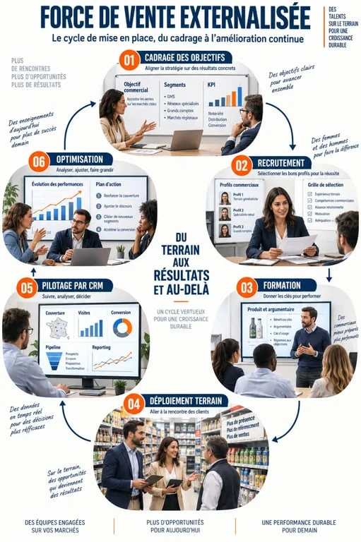 Infographie du cycle de mise en place d’une externalisation de la force de vente
