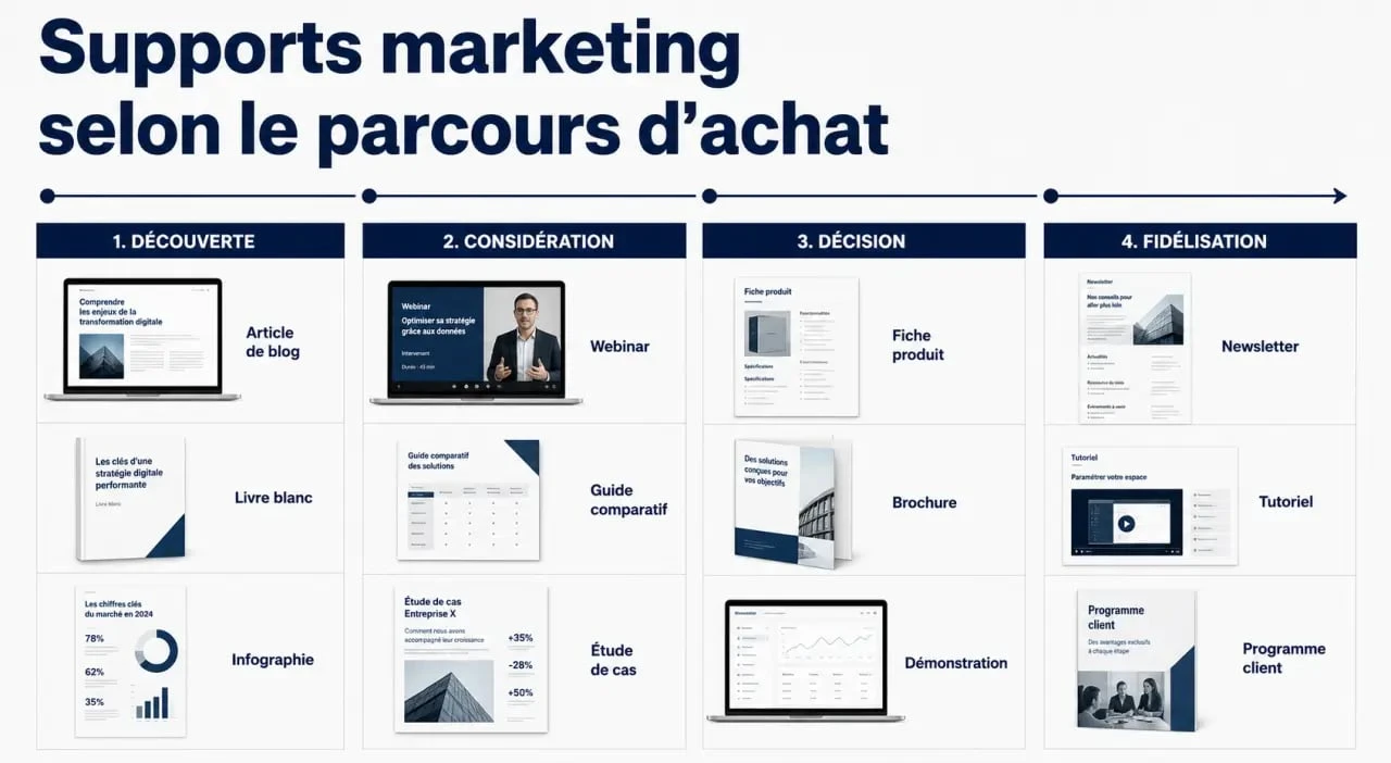 Supports marketing : tableau visuel des formats selon l’objectif et le parcours d’achat