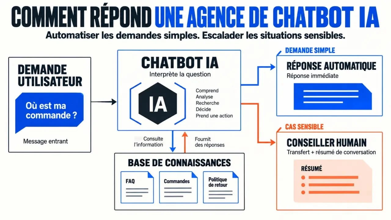 Schéma du fonctionnement d'une agence de chatbot IA avec base de connaissances et transfert humain